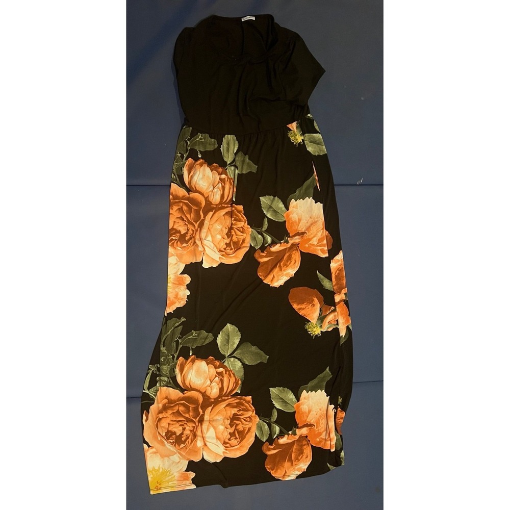 Egs California Floral Maxi Dress Black Orange Rose Short Sleeve XL EKD1572